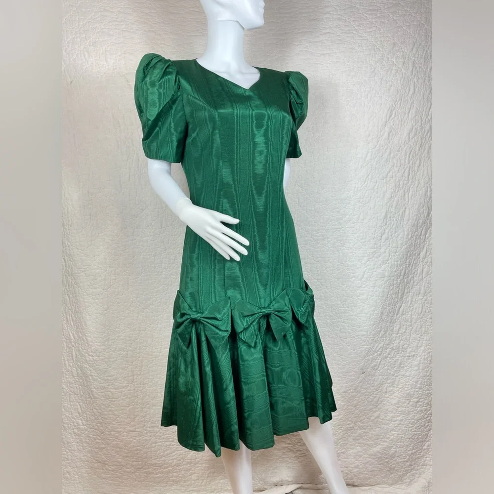 🔥Vintage Maggie Breen Puffed Sleeve Bows Midi Green Dress - Picture 4 of 12